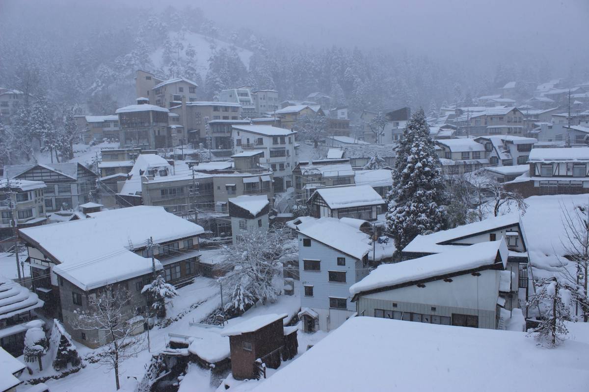 Snow-covered ryokan and inn rooftops packed together on a hillside in Nozawa Onsen village during heavy snowfall